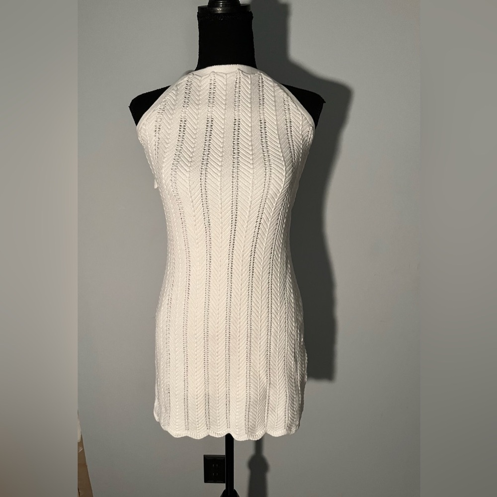 NWT Idem Ditto Women’s Crochet Halter Mini Dress Criss Cross Tie Back White SZ M